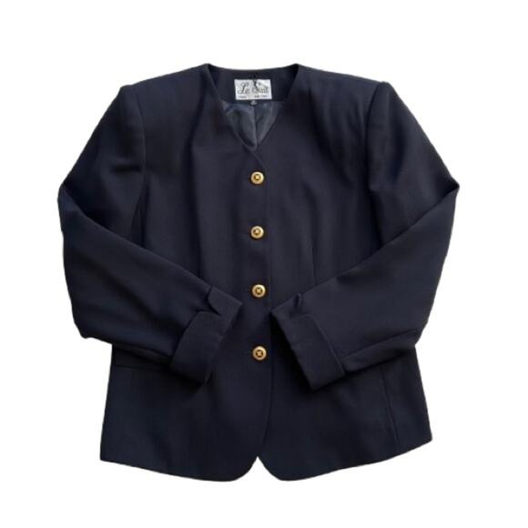 Le Suit Blazer Navy Blue Gold Buttons Cuffed Sleeve Career Jacket Size 12 - Picture 9 of 12